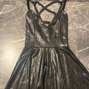 Blackmilk Black Faux Leather S dress pentagram star back stretch velvet straps